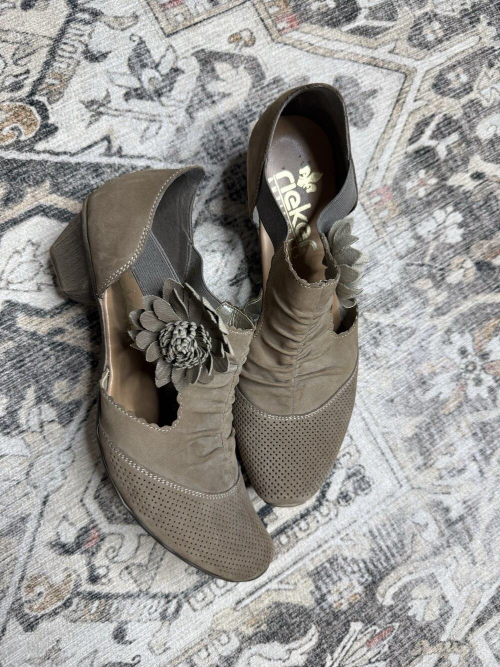 Rieker Mirjam Mary Jane Shoes Heels Sz 6.5 Slip On Leather Beige Boho Lagenlook